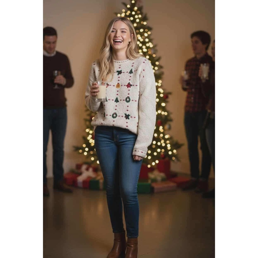 VTG 90s Lizsport Ramie Cotton Christmas Sweater L Grandmacore Cozy Cabin Holiday
